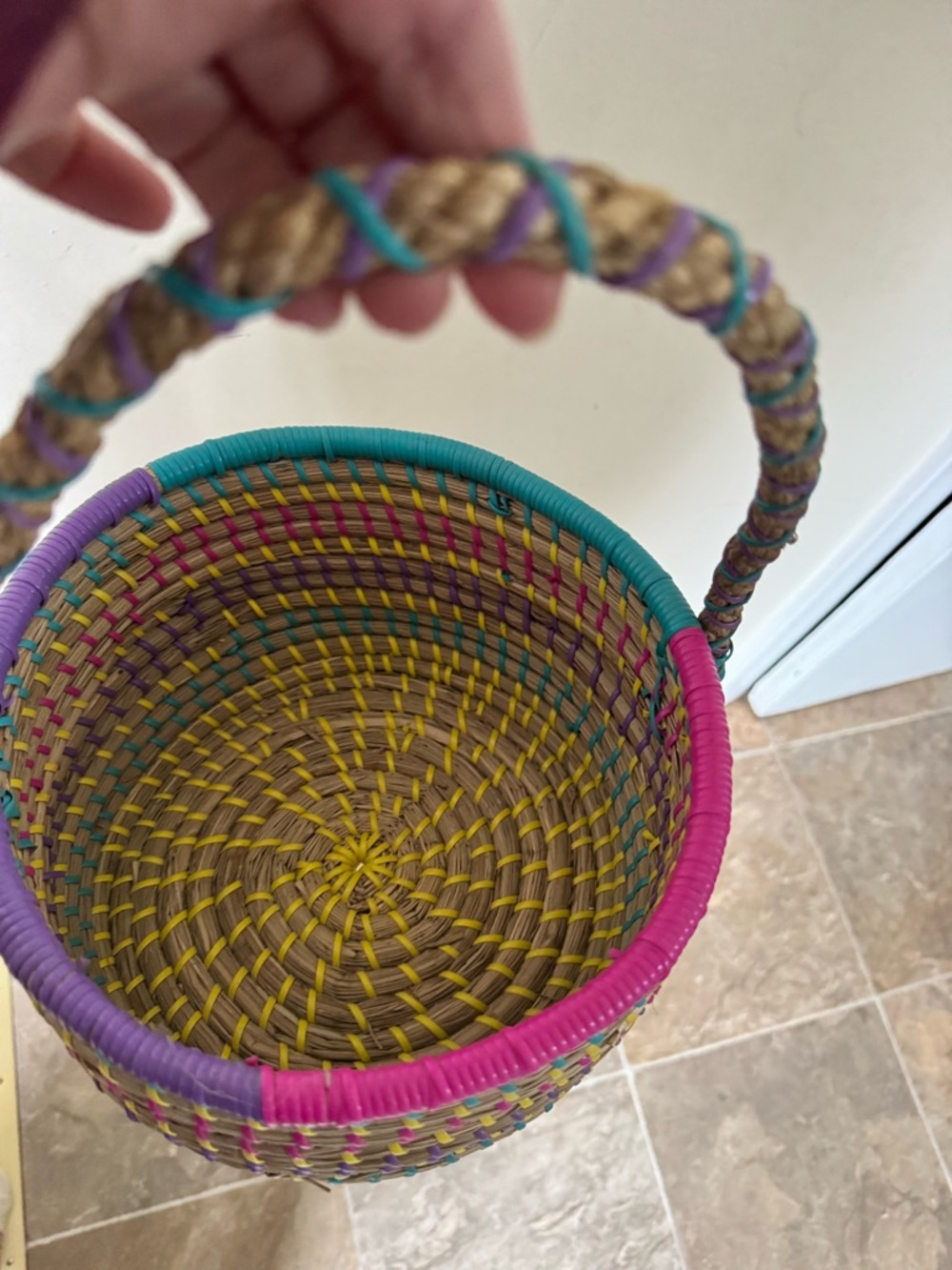 Handwoven Multicolor Round Basket with Handle